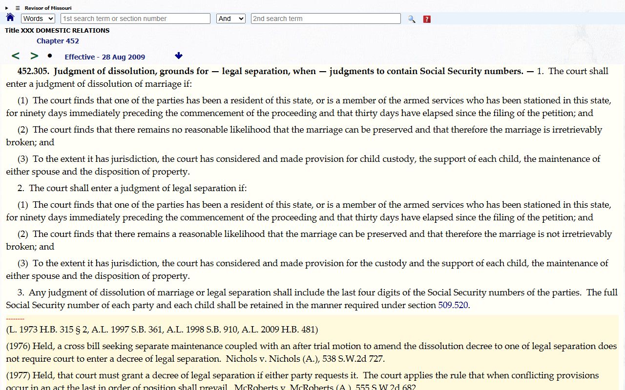 Dunklin County divorce records Missouri dissolution of marriage statute