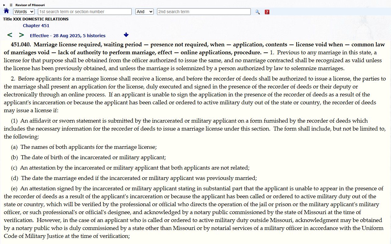 Dunklin County marriage records Missouri marriage license eligibility statute